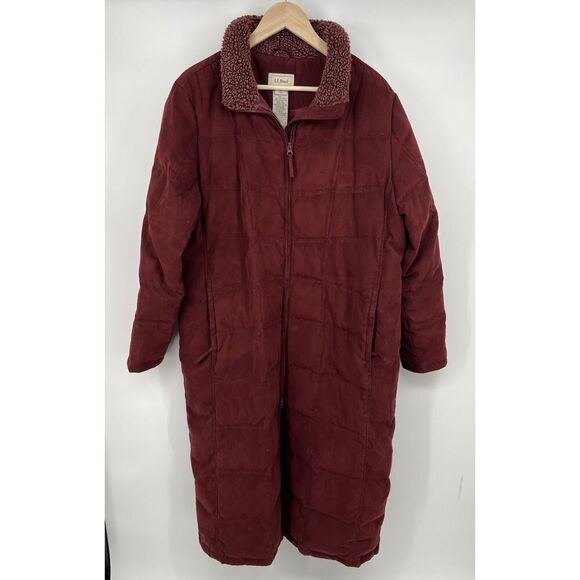 Vintage LL Bean Down Filled Quilted Burgundy Red Coat  Size XL Faux Fur Long - Picture 1 of 7